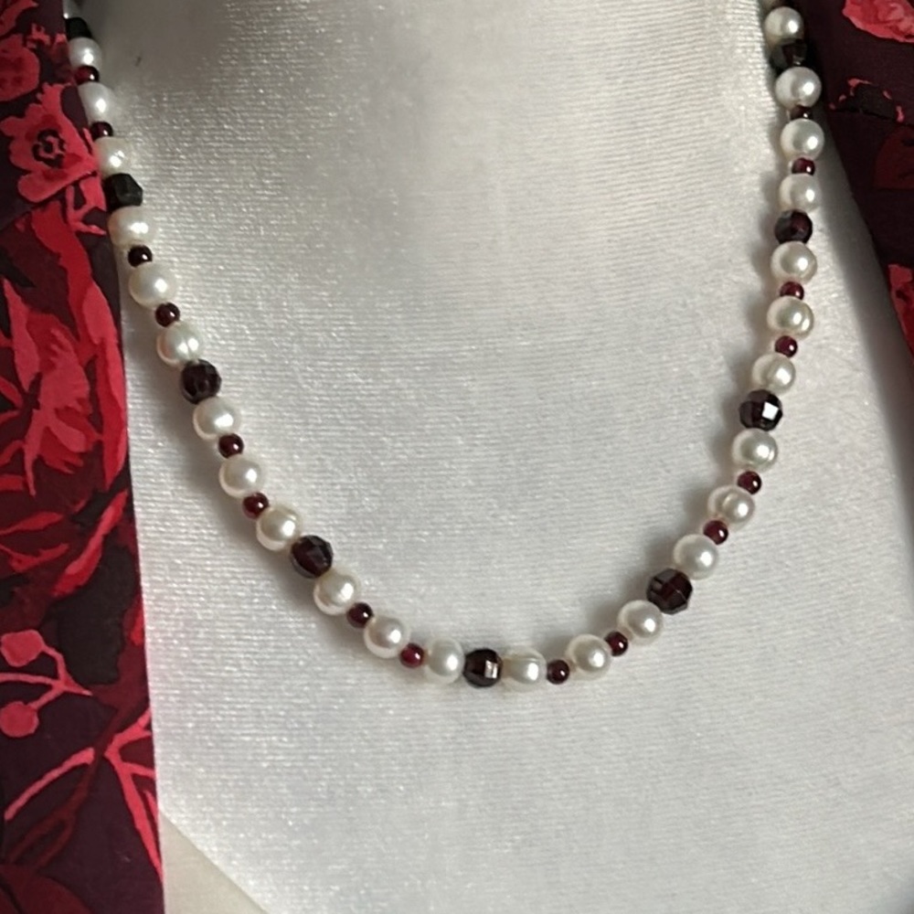 Cultured Freshwater Pearl and Garnet Colored Bead Sterling Silver Clasp Necklace